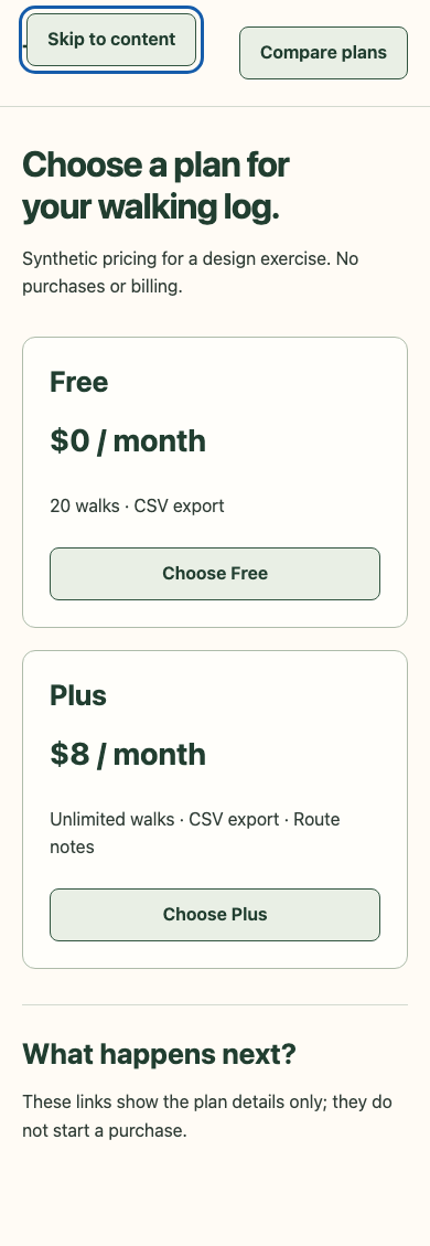 After: repaired synthetic pricing page with readable layout and descriptive links