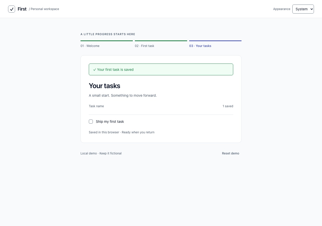 Finished task app showing one persisted task