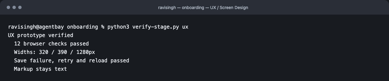 Recorded terminal output for UX / Screen Design. Text is available in the stage details.